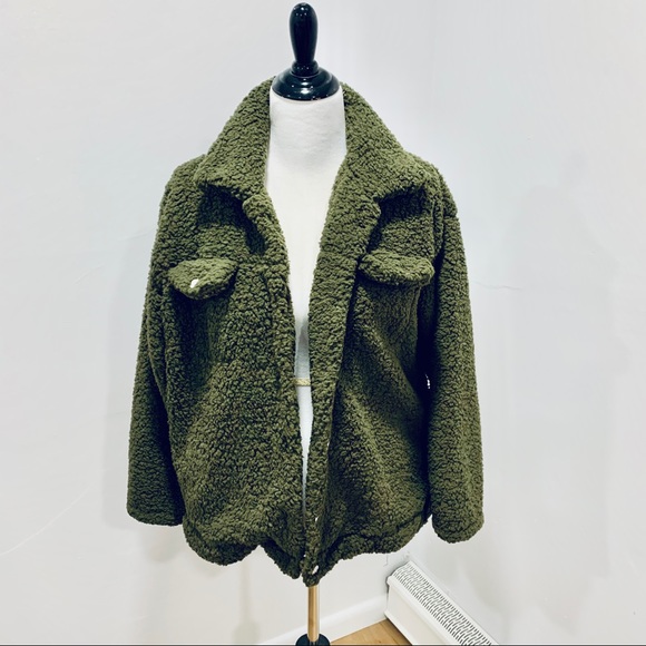 Olive Green Teddy Coat - Picture 1 of 4